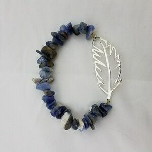 Blue Stone Bracelet with Silver Tone Feather
